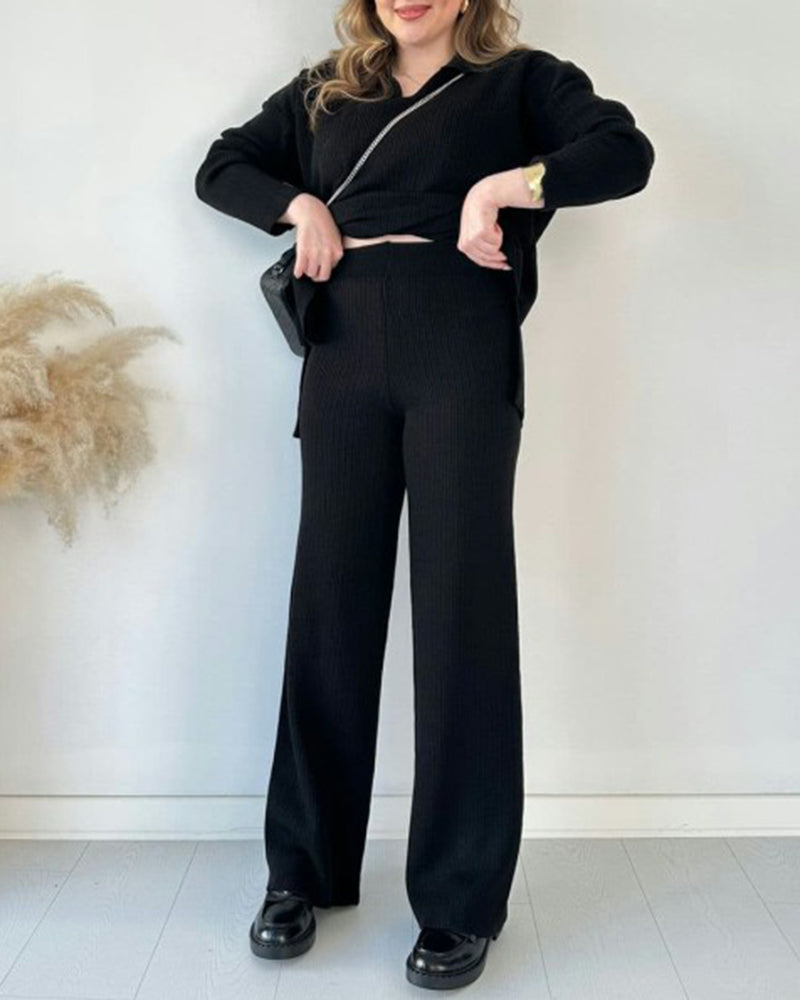 Solid Color Loose Hem Slit Two-piece Sweater Set