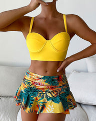 Tropical Print Push Up Ruched Bikini Swimsuit