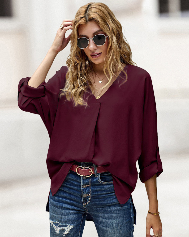 V-Neck Long Sleeve Buckle T-Shirt Plain Shirts Shirt Top Elegant Shirts Casual Slim Fit Basic