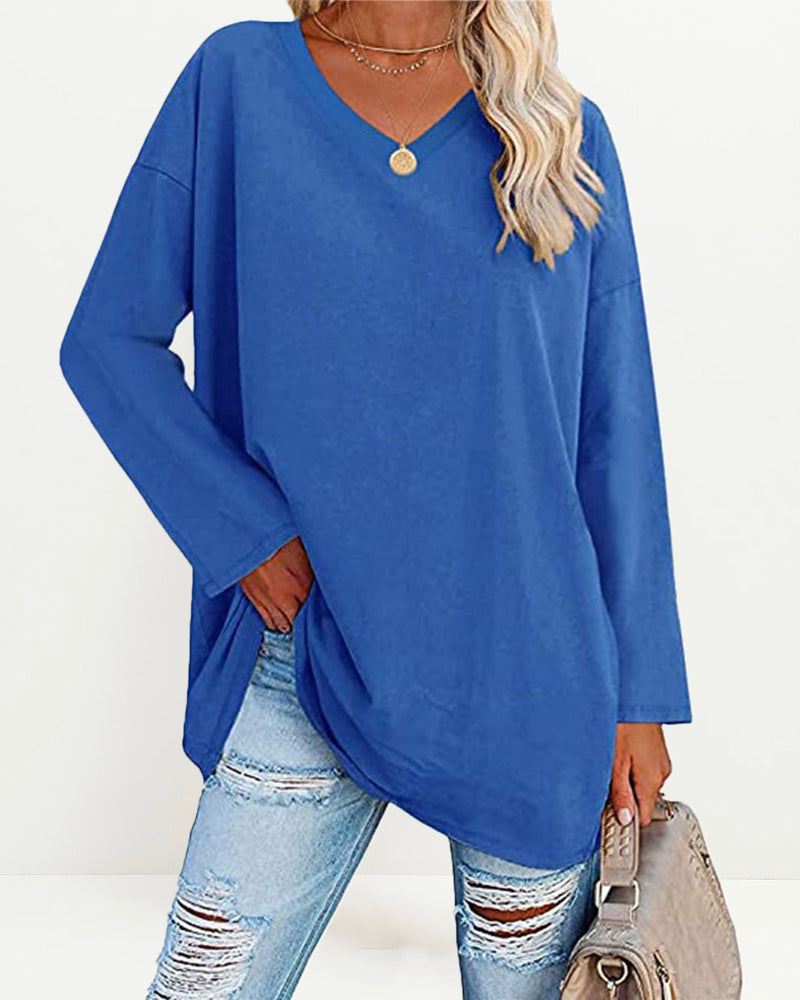 Solid Color V Neck Long Sleeve Pullover Basic Tshirts Casual Sweatshirts