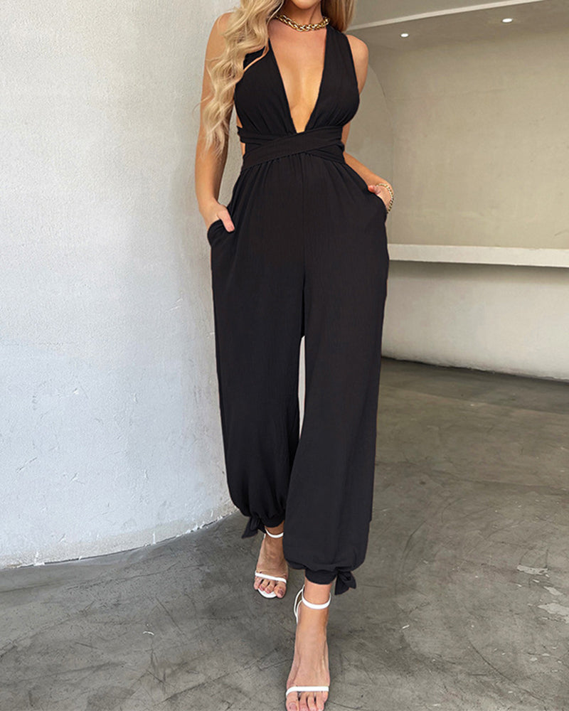 Crisscross Tie Backless Halter Jumpsuit Deep V Neck Sleeveless Jumpsuits