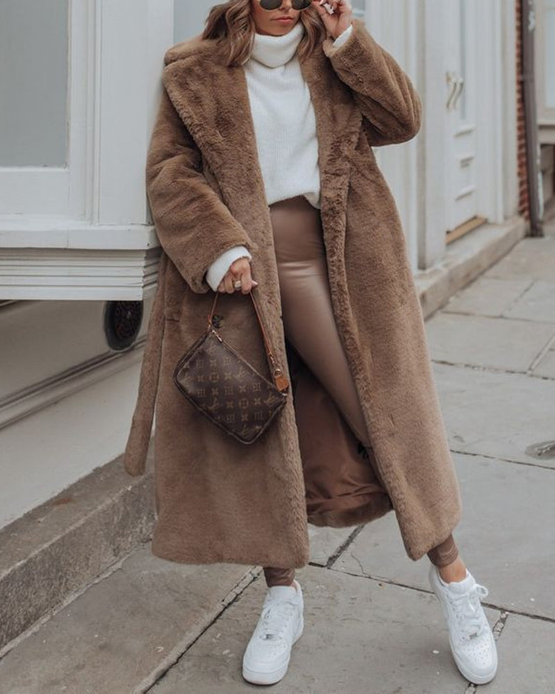 Women Warm Thick Coat With Belt Fax Fur  Long Coat