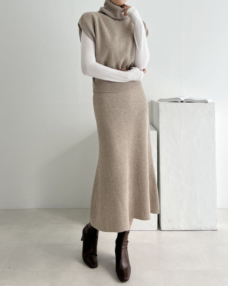 Casual Two-piece Outfits Turtleneck Sleeveless Sweater Vest and Mid-length Skirts Sets