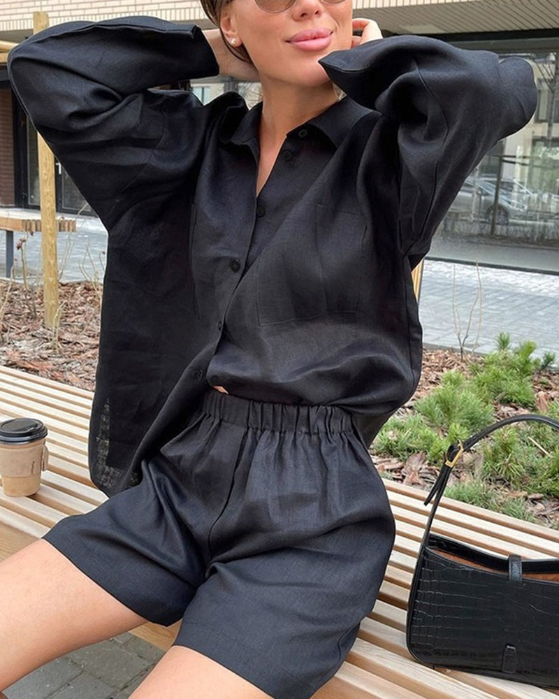 Two Piece Set Casual Loose Shirt Jacket and Elastic Shorts