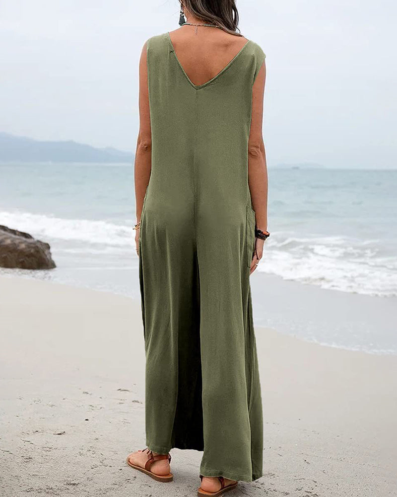 Wide Leg Jumpsuit Sleeveless V-Neck Casual Loose Jumpsuit Comfy Baggy Tank Romper with Pockets