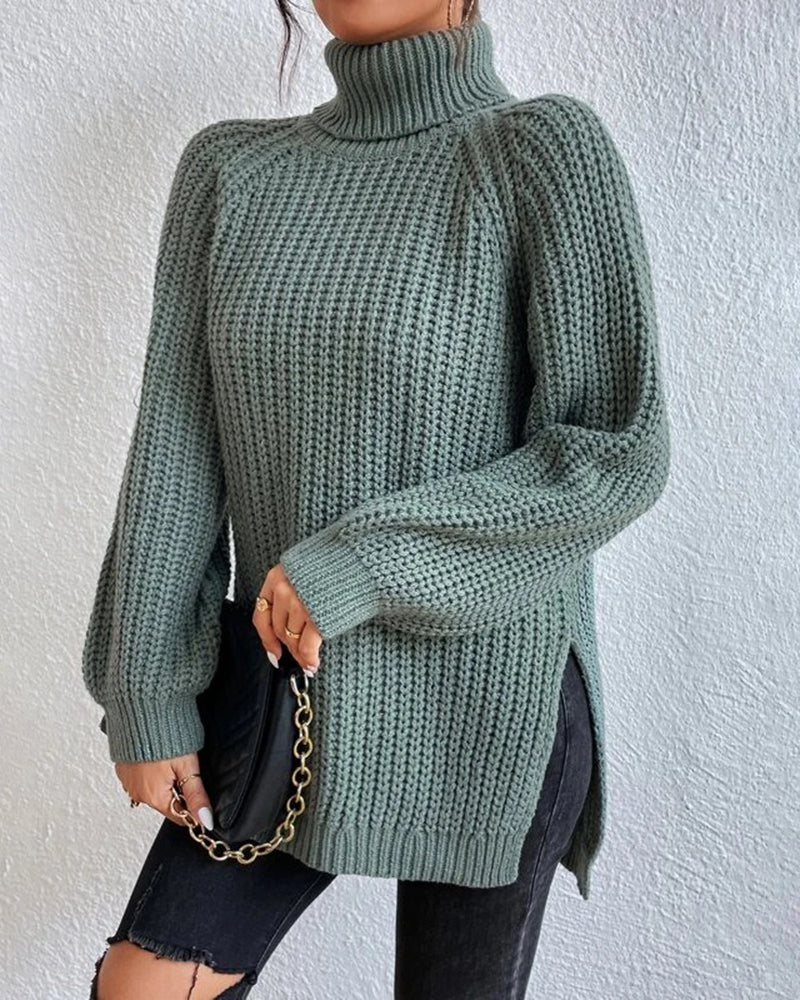 Mid-Length Raglan Sleeve Turtleneck Slit Sweater