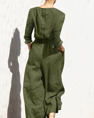 Solid Color Elastic Waist Long Sleeve Wide Leg Long Jumpsuit