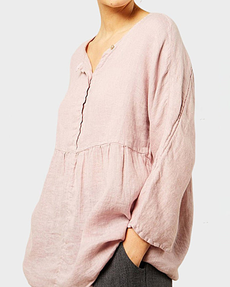 Plus Size Cotton and Linen Casual Loose V-neck Long-sleeved Shirt Top