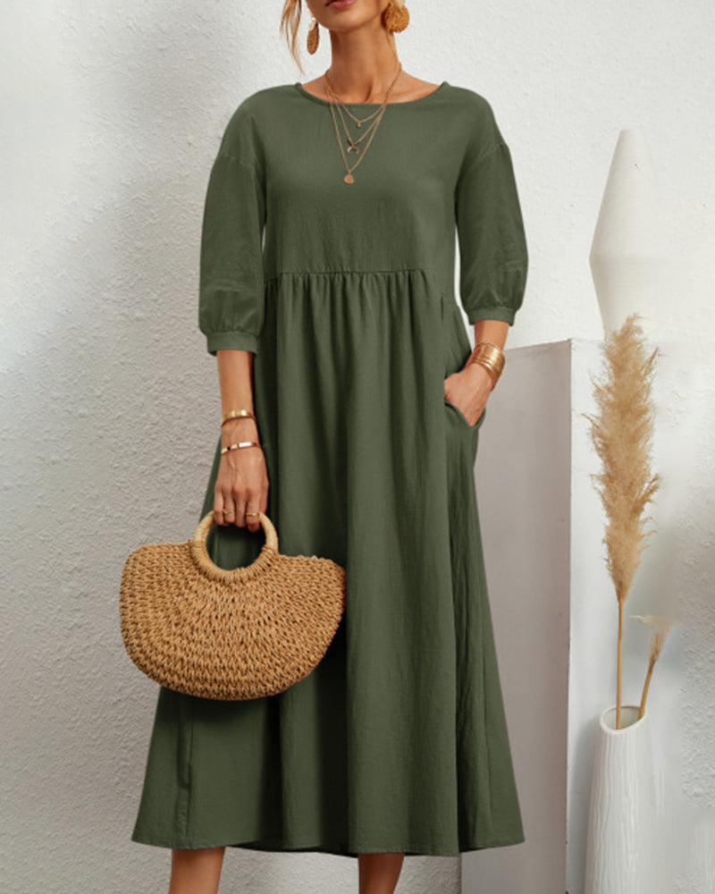 Lantern Sleeve Long Dress Solid Color Loose Crew Neck Mid Waist Dresses with Pockets