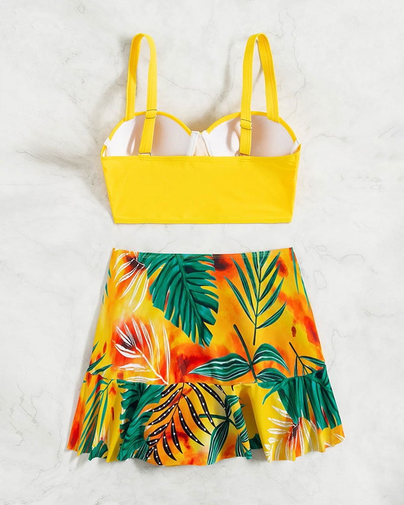 Tropical Print Push Up Ruched Bikini Swimsuit