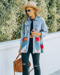 Aztec Lapel Long Sleeve Retro Western Denim Jacket