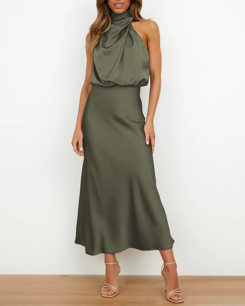 Long Formal Satin Dress Mock Neck High Neck Evening Dress