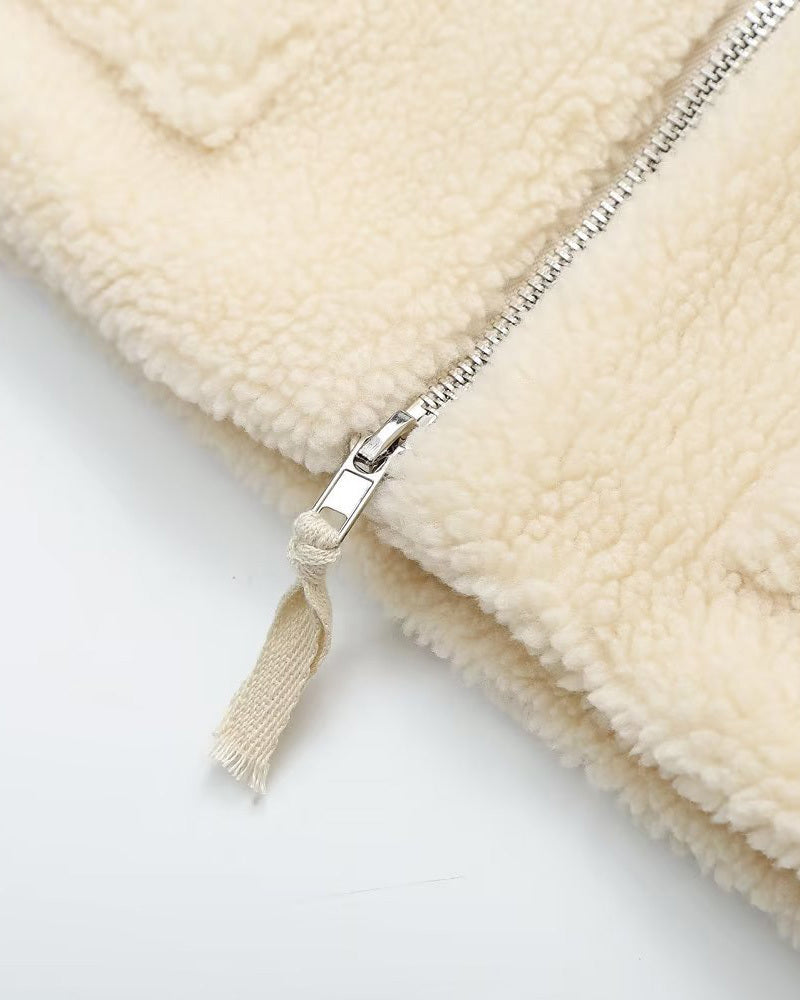 Teddy Fleece Jacket Cozy High Collar Zip-up Coat Fuzzy Winter Outwear with Pockets