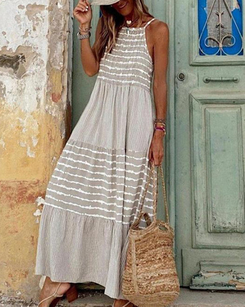 Casual Loose Long Beach Dresses Vintage Striped Print Patchwork Maxi Dress