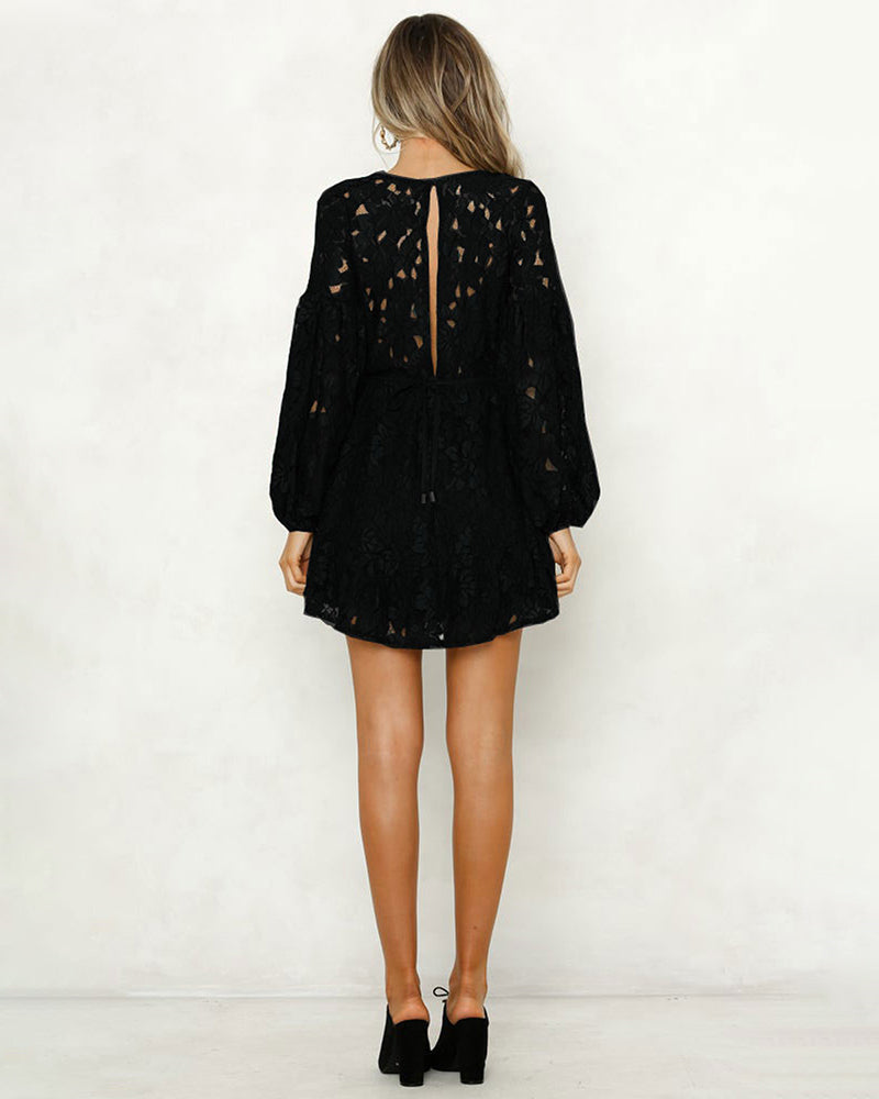 Lace Dress Deep V Floral Long Sleeve Cocktail Swing Dress