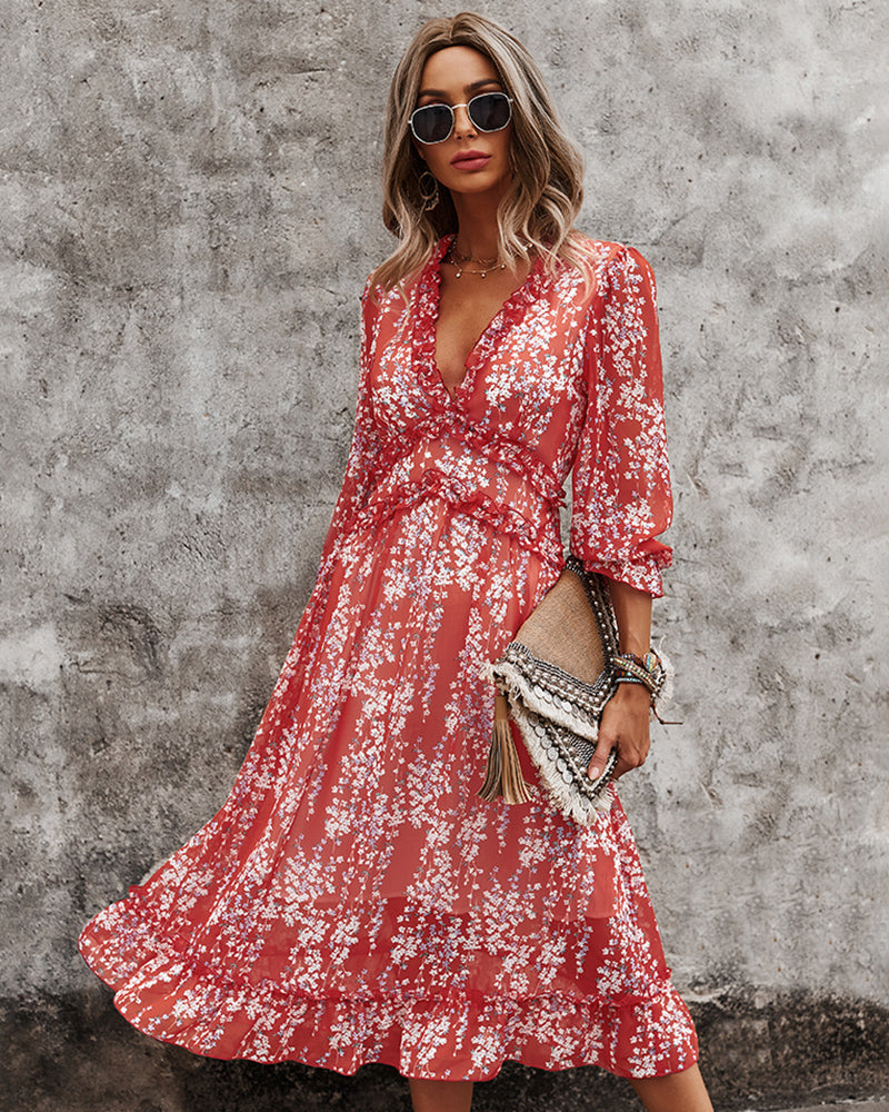 Chiffon V-neck Simple Floral Print Dress