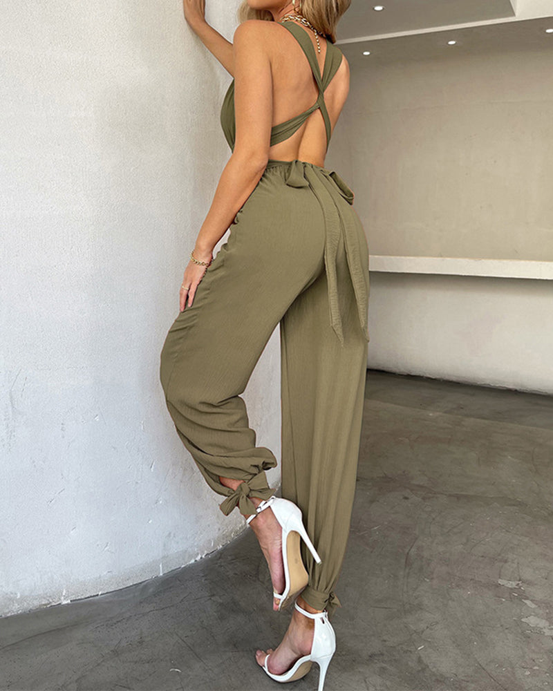Crisscross Tie Backless Halter Jumpsuit Deep V Neck Sleeveless Jumpsuits