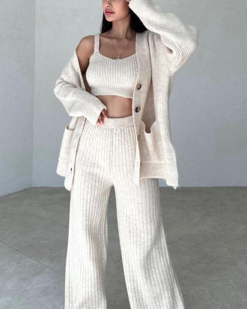 Elegant Three-pieces Knitwear Set Crop Vest Button Sweater Cardigant and Wide Leg Pant Outfits