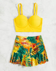 Tropical Print Push Up Ruched Bikini Swimsuit