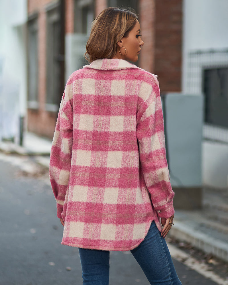 Plaid Fuzzy Longline Jacket with Pockets