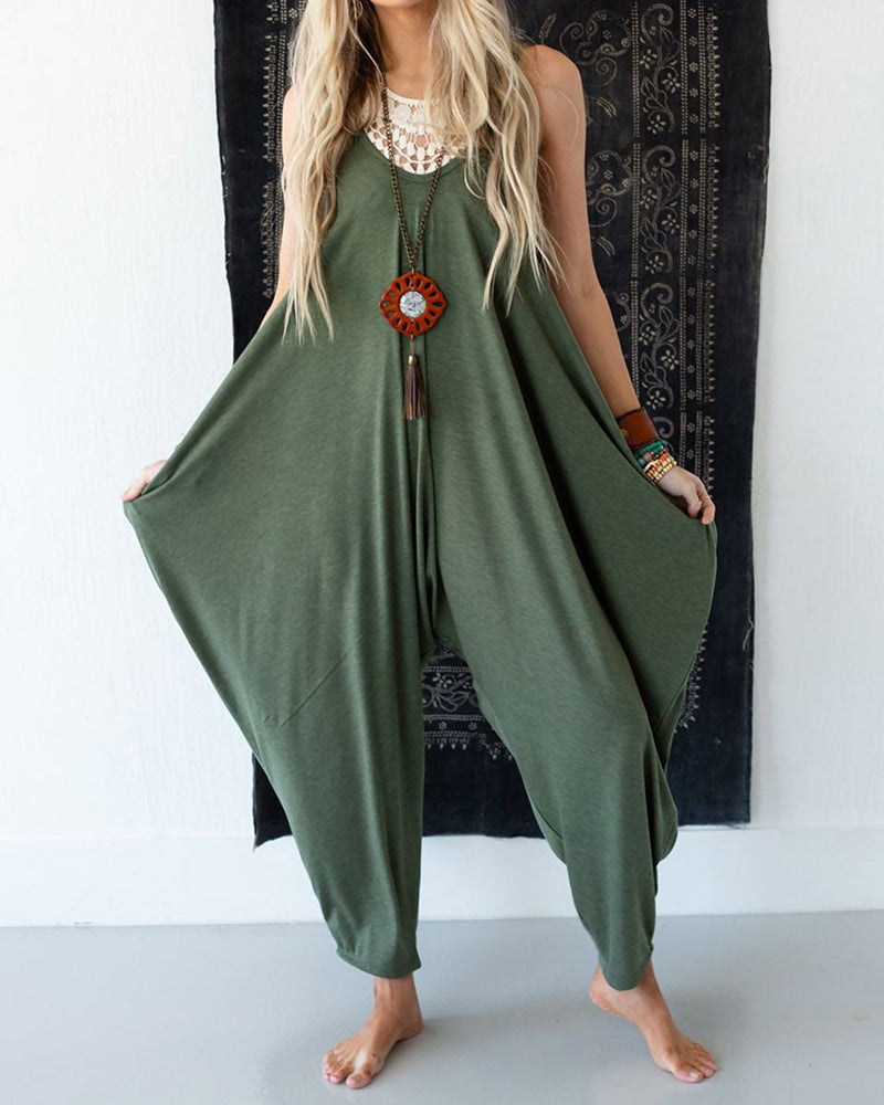 Casual Loose Summer Rompers Sleeveless Loose Spaghetti Strap Baggy Overalls Harem Jumpsuits