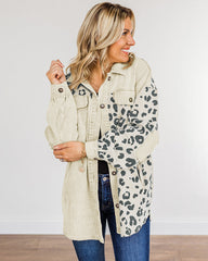 Leopard Print Detail Pocketed Corduroy Jacket