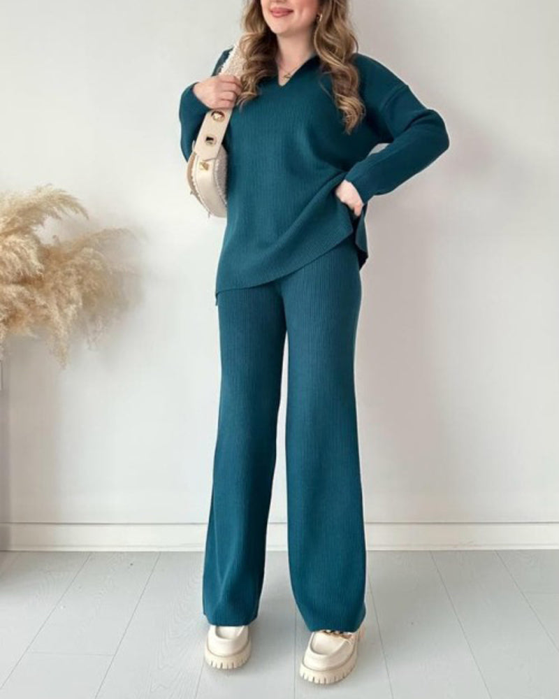 Women's Two Piece Sets Casual Loose Knitted Long Sleeve Sweater + Wide Leg Pants