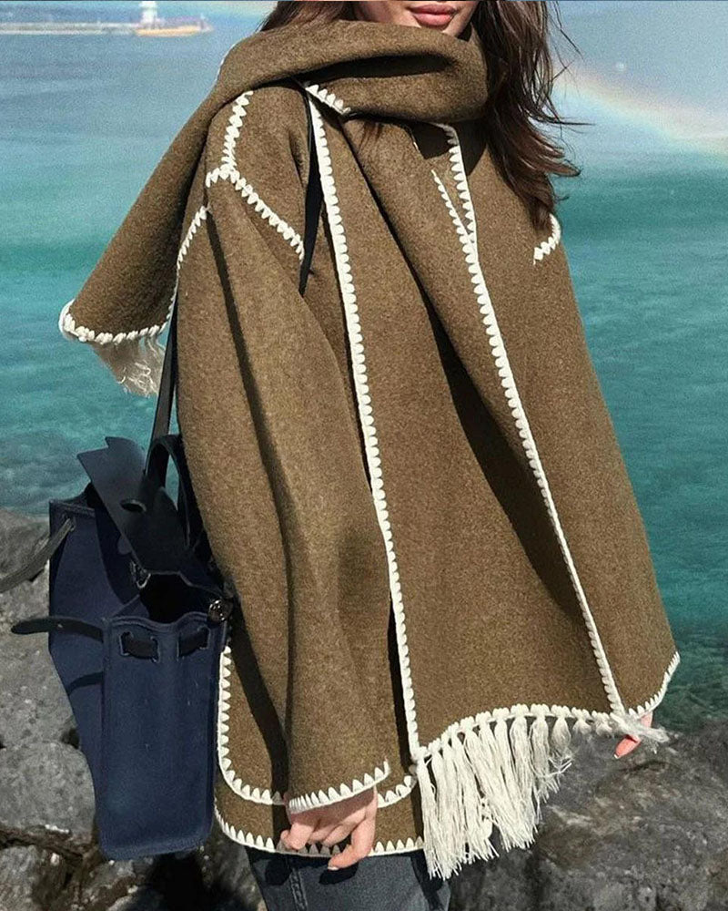 Women's Thickened Loose Woolen Coat with Fringed Scarf