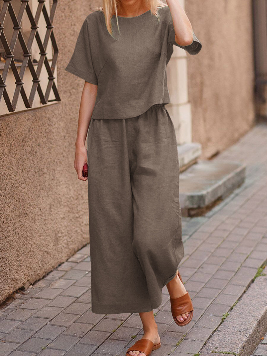 Short Sleeve Tops and Long Wide Leg Pants Casual Loose Fit Two Piece Loungewear Sets