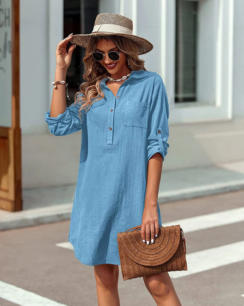 Zeagoo Women's Cotton Shirt Dress Button Down Roll-Up Sleeve Linen Henley Tunic Top Summer Beach Coverup (US Only)