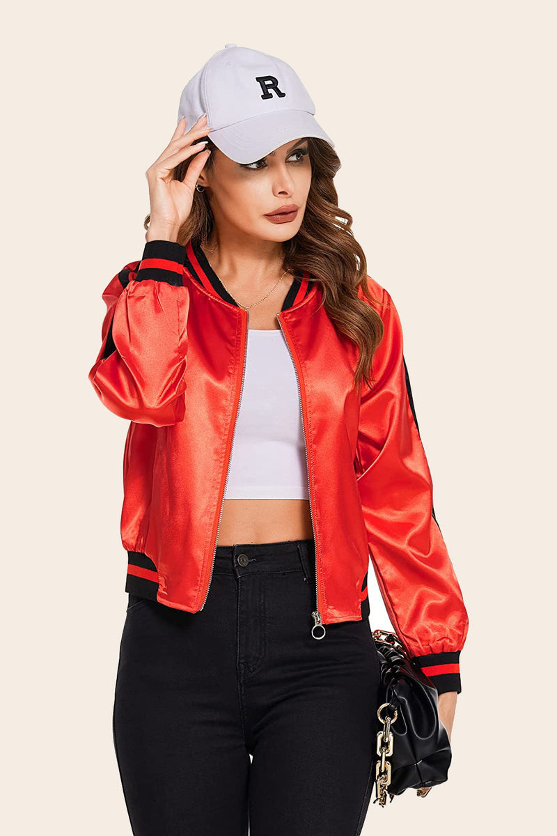 Striped Biker Jacket Zip Up Bomber Jacket - Zeagoo (Us Only)