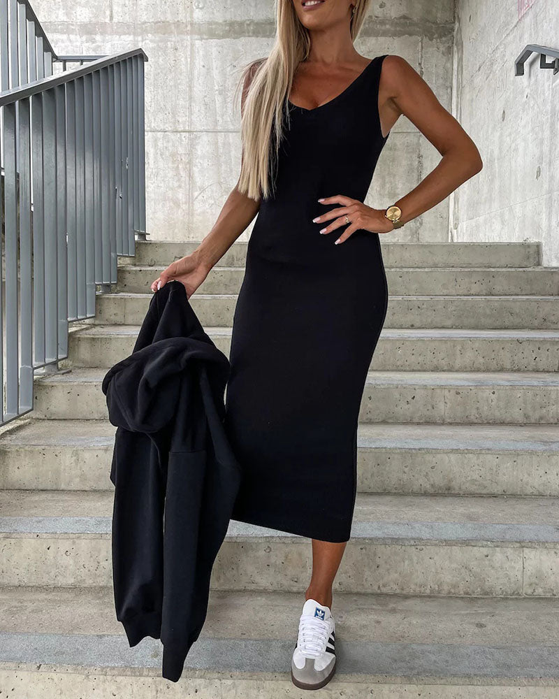 Elegant Two-piece Set Sexy V-neck Off-shoulder Sweatshirt & Sleeveless Knitted Dress Skirt