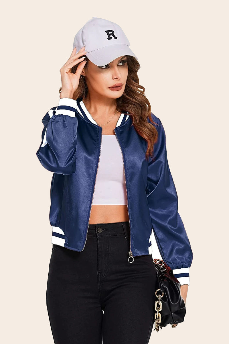Striped Biker Jacket Zip Up Bomber Jacket - Zeagoo (Us Only)