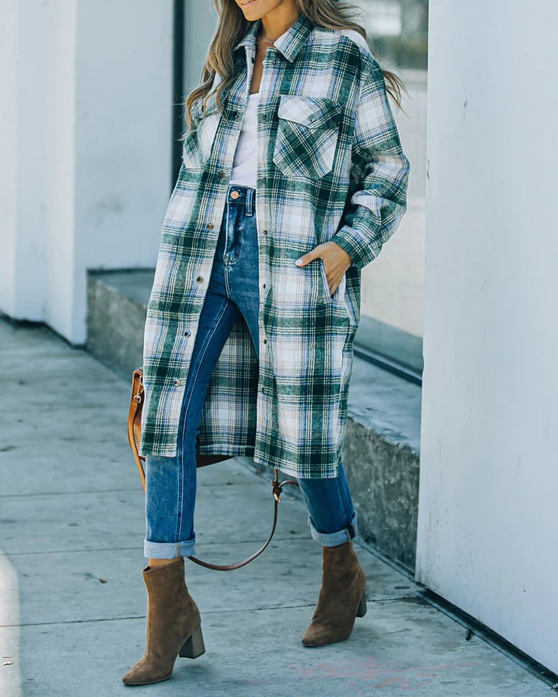 Plaid Flannel Long Shacket Jacket Coat