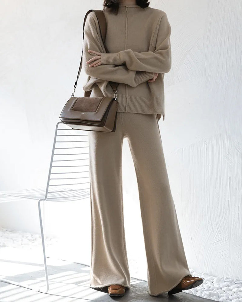 Lounge Set Casual Side Slit Knitted Sweater Pullover Top Wide Leg Pants Two Pieces Tracksuit