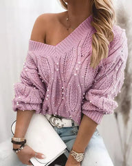 Sexy Twist V-neck Beads Long-sleeved Knit Sweater