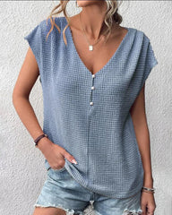 Short Sleeve V Neck Ribbed Knitwear Leisure Loose Fit Work Crochet Top with Pearls