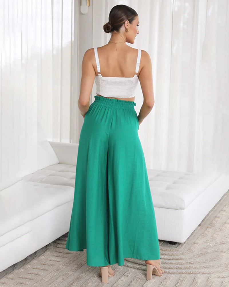 Wide Leg Flowy Pants Summer Boho Elastic Waist Drawstring Palazzo Trousers