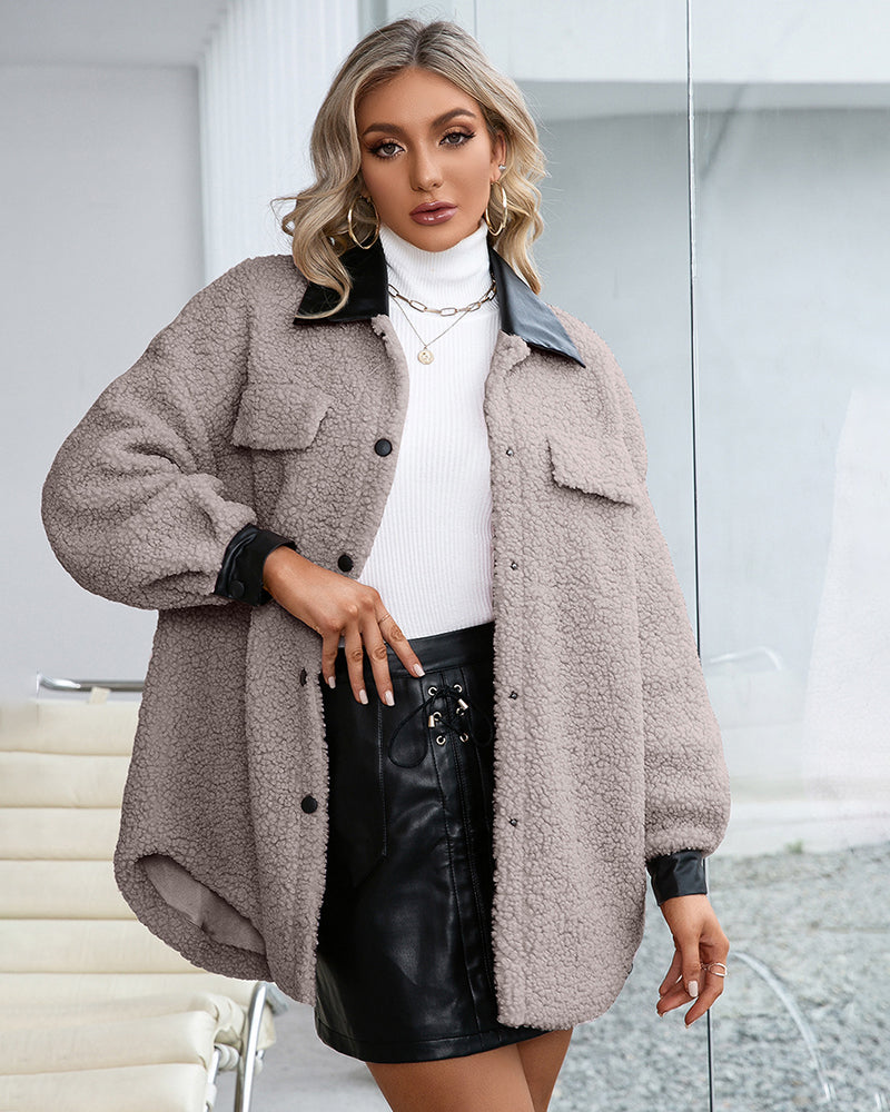 Lapel Collar Plush PU Single-breasted Trench Coat