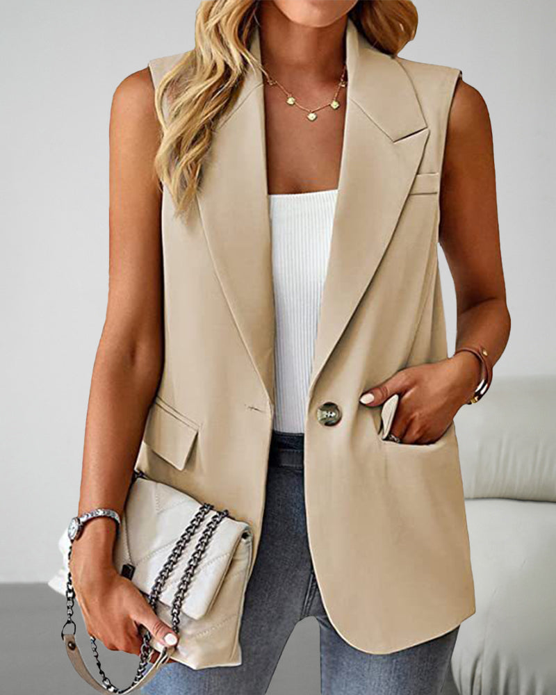 Sleeveless Buckled Slit Side Single Breasted Blazer Casual Office Wear Vest Jacket