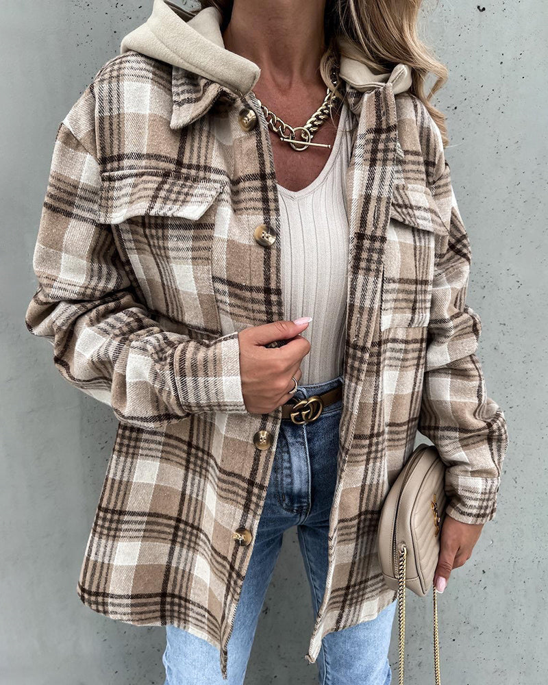 Button Down Plaid Print Hoodies Shirt Jacket