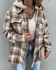 Button Down Plaid Print Hoodies Shirt Jacket