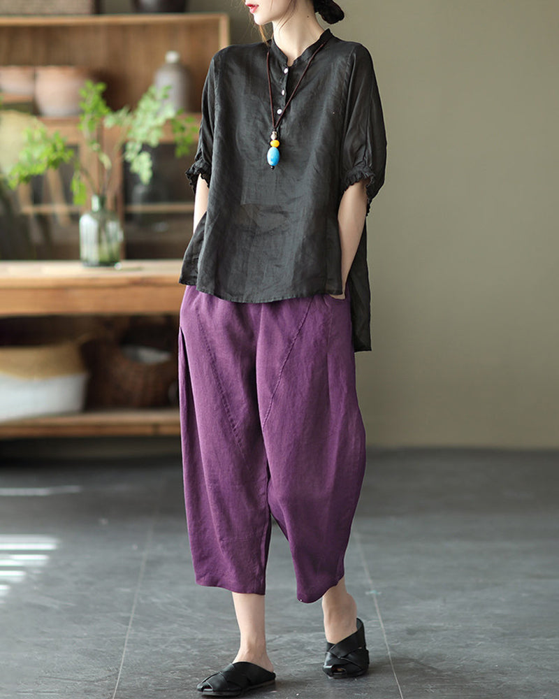 Loose Stitching Solid Color Elastic Waist Cropped Harem Pants