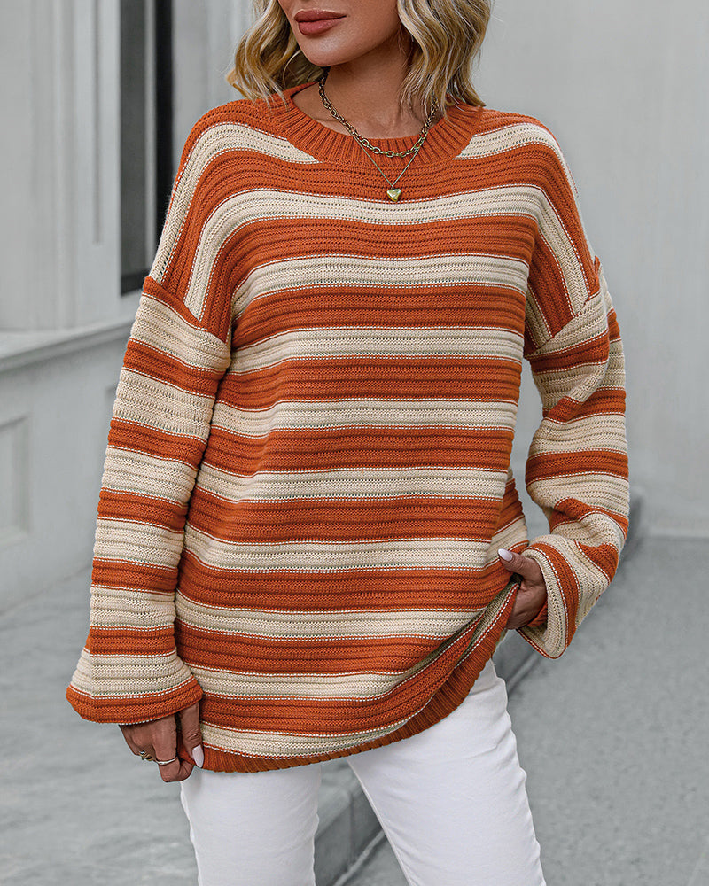 Striped Sweater Women Knitted Crew Neck Pullover Sweater