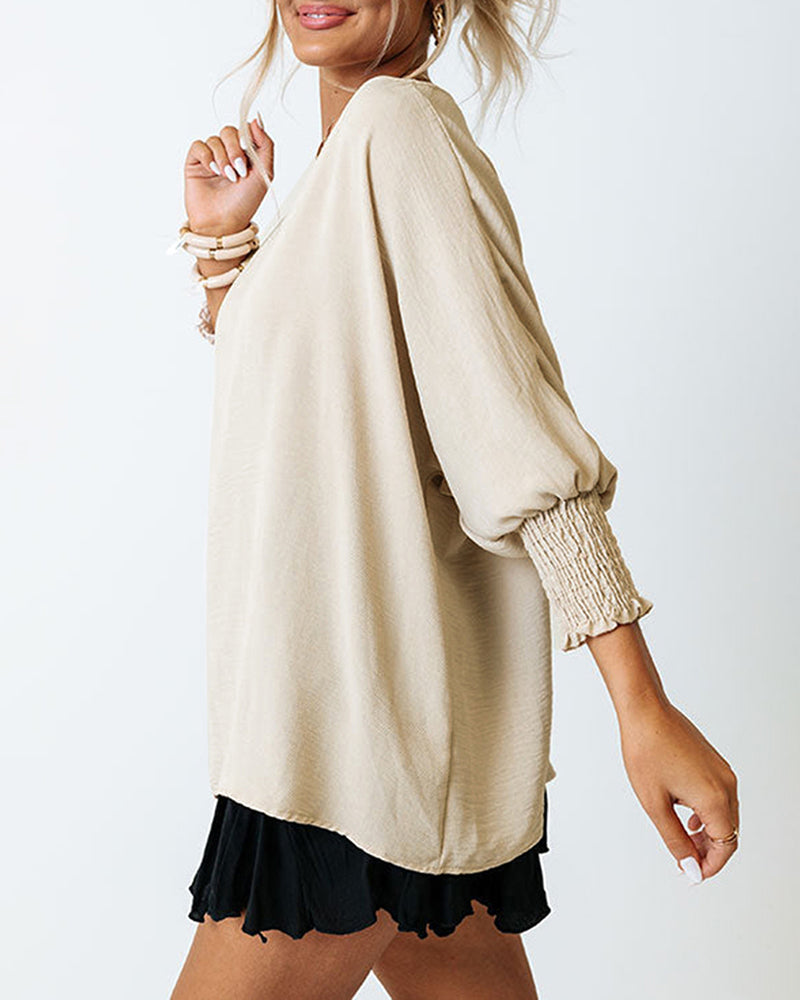 3/4 Ruched Sleeves Shirt Loose Pullover Top