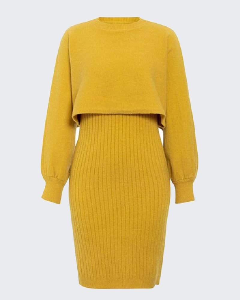 Women's Two Pieces Sets Long Sleeve Lazy Style Fashionable Sweater + Solid Knitted Skirt Dress