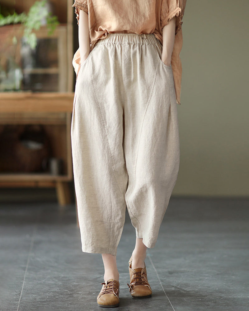 Loose Stitching Solid Color Elastic Waist Cropped Harem Pants