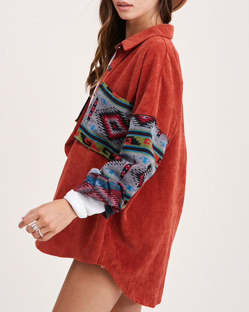 Corduroy Patch Print Pocket Coat Long Sleeve Jacket Top