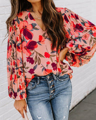 Casual Floral Shirts Top Tunics Loose Print V Neck Long Sleeve Blouses