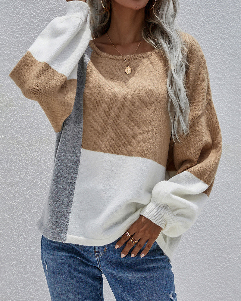 Knitted Color Block Pullover Lightweight Loose Casual Sweater